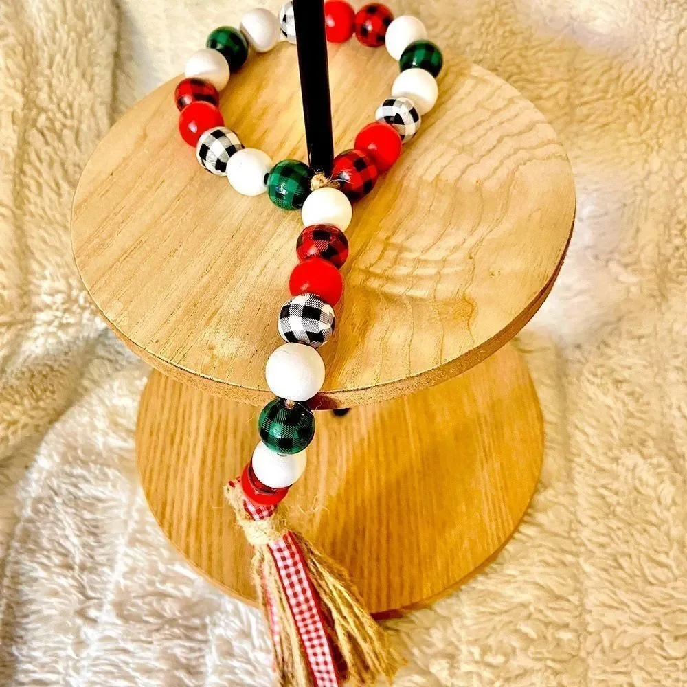 NEW Wood Bead Garland with Plaid Tassels